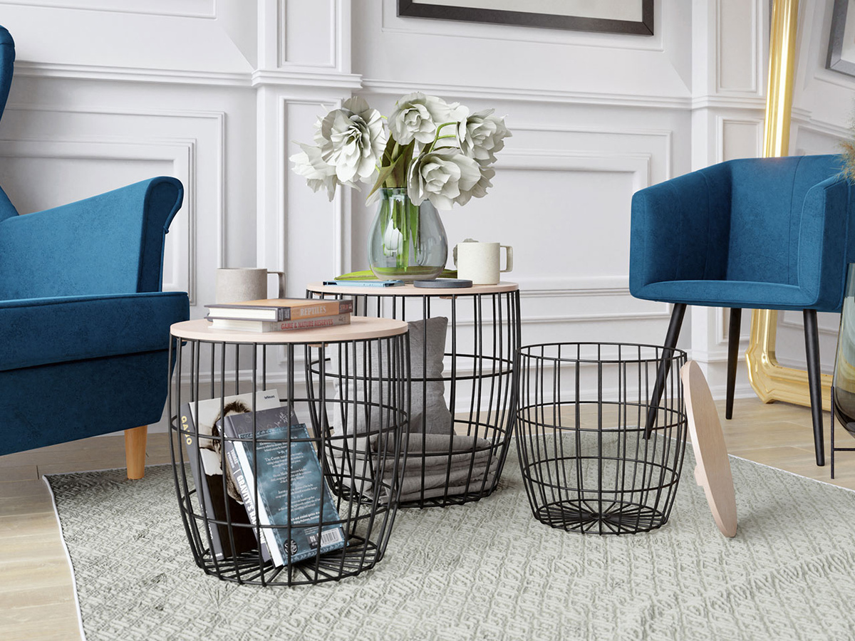 Σετ βοηθητικών τραπεζιών Aedifis (Μαύρο + Ανοιχτό χρώμα ξύλου)