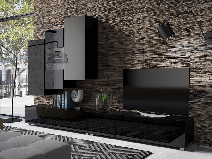 Σετ επίπλων σαλονιού Tivdalu 133 (Μαύρο + Γυαλιστερό μαύρο)