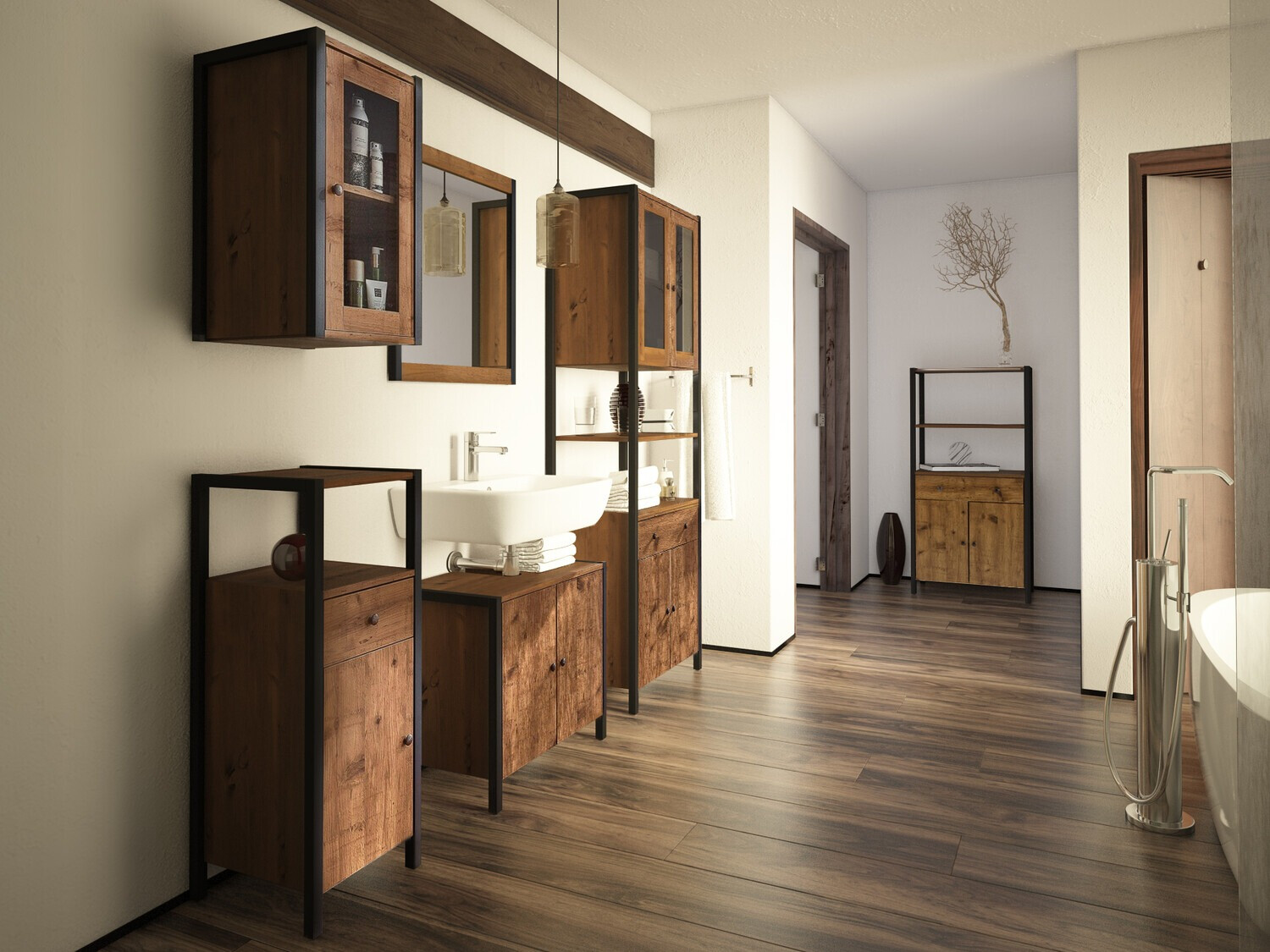 Όρθιο ντουλάπι μπάνιου Larnovo 112 (Σκούρα δρυς + Μαύρο)