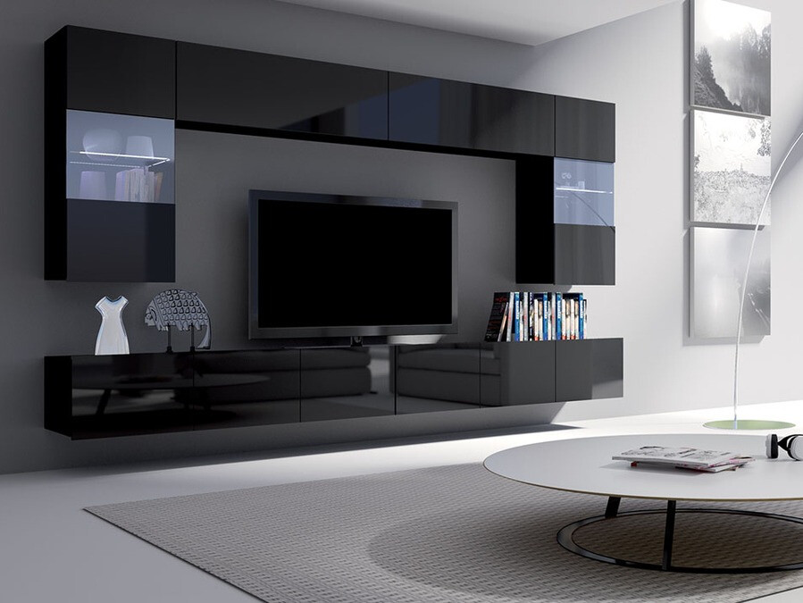 Σετ επίπλων σαλονιού Tivdalu 105 (Μαύρο + Γυαλιστερό μαύρο)