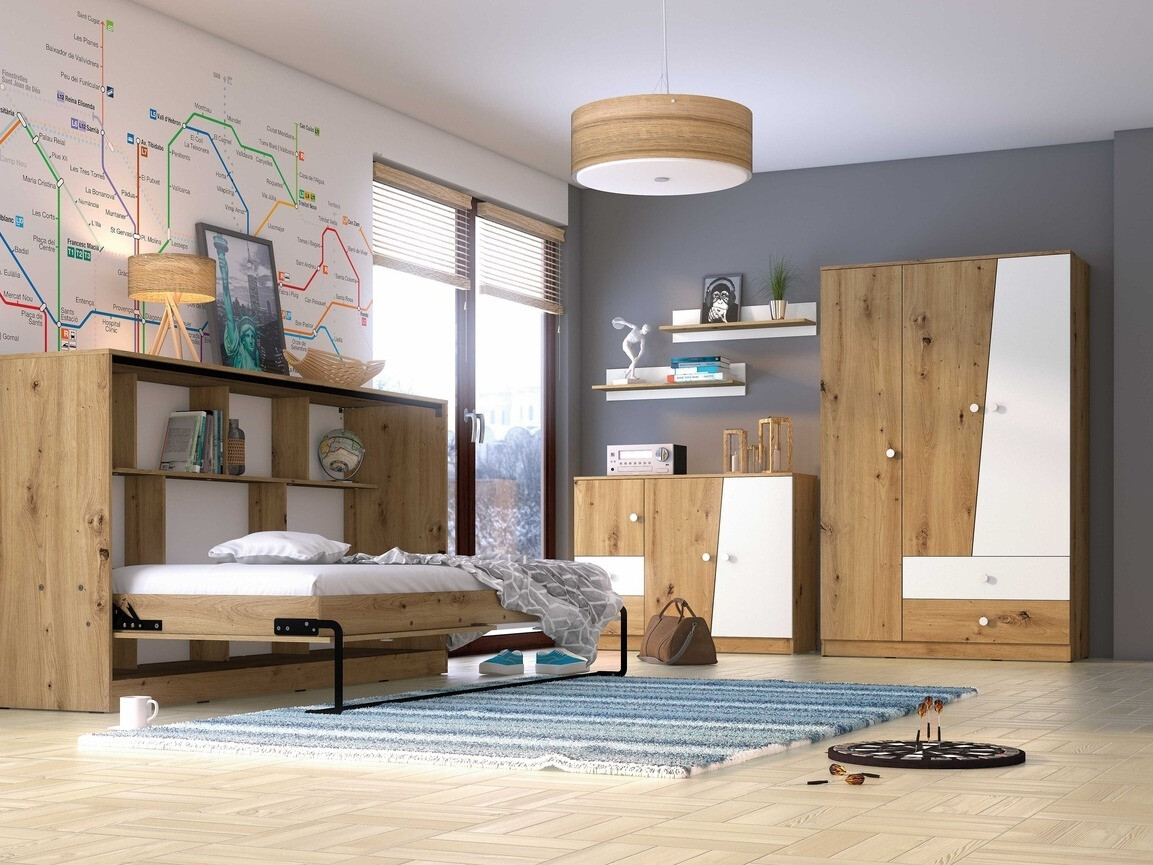 Wall bed Mirelbu 114 (Artisan oak + Glossy white)