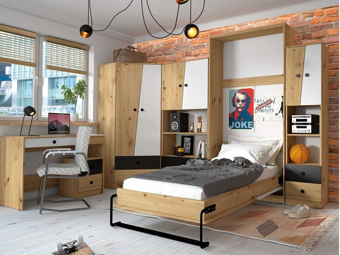 Wall bed Mirelbu 113 (Artisan oak + White + Grey)