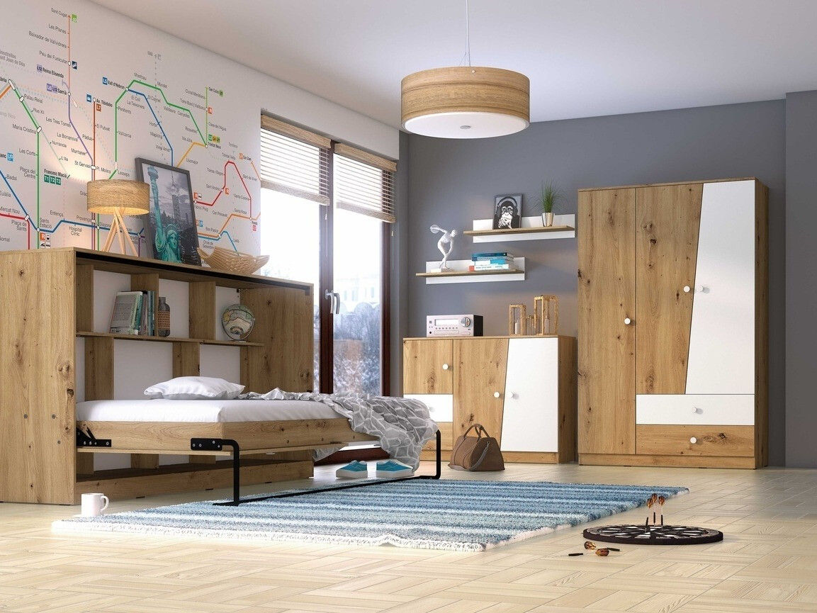 Wall bed Mirelbu 114 (Artisan oak + Glossy white + Grey)
