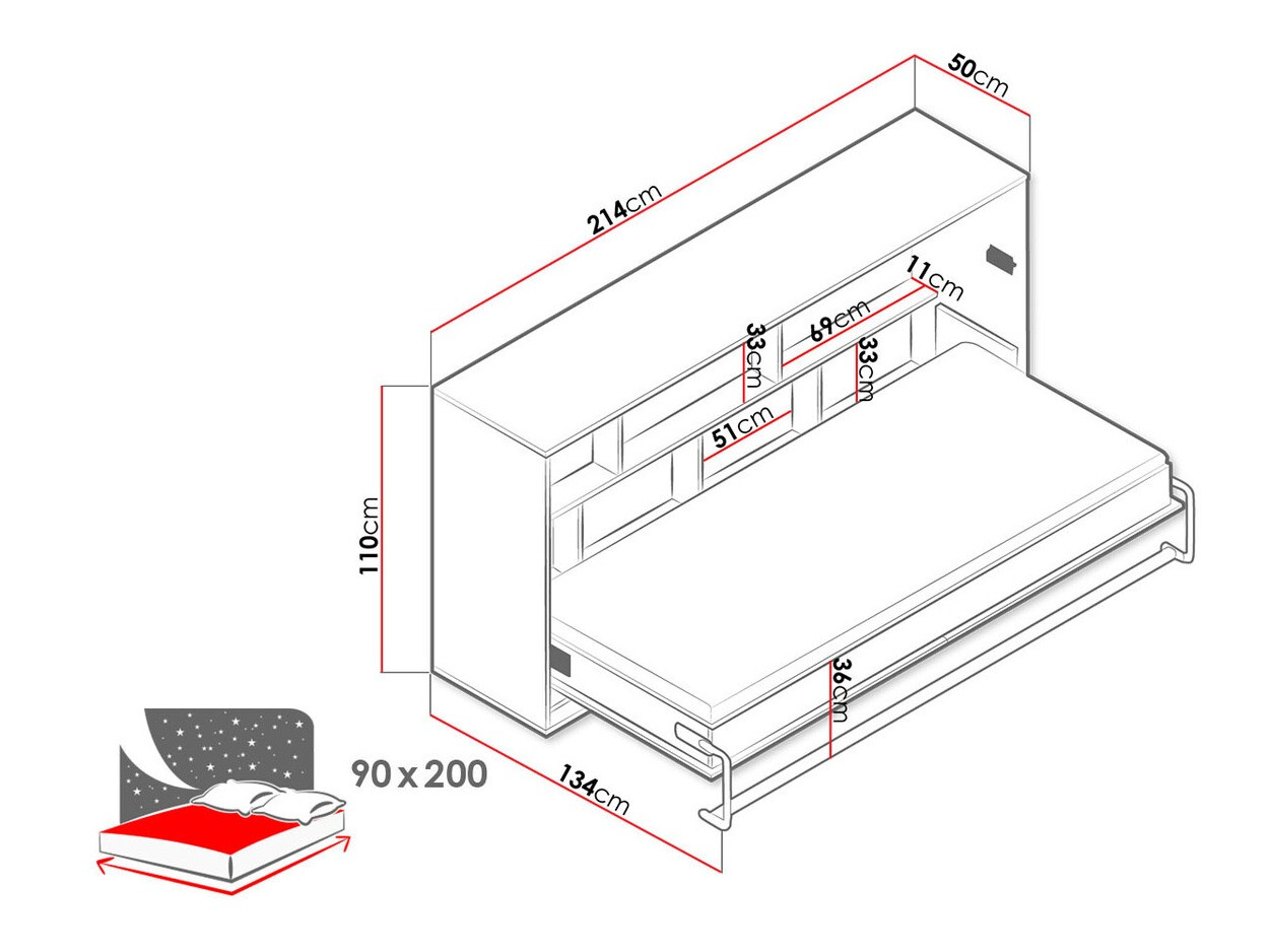 Wall bed Mirelbu 114 (Artisan oak + Glossy white + Grey)