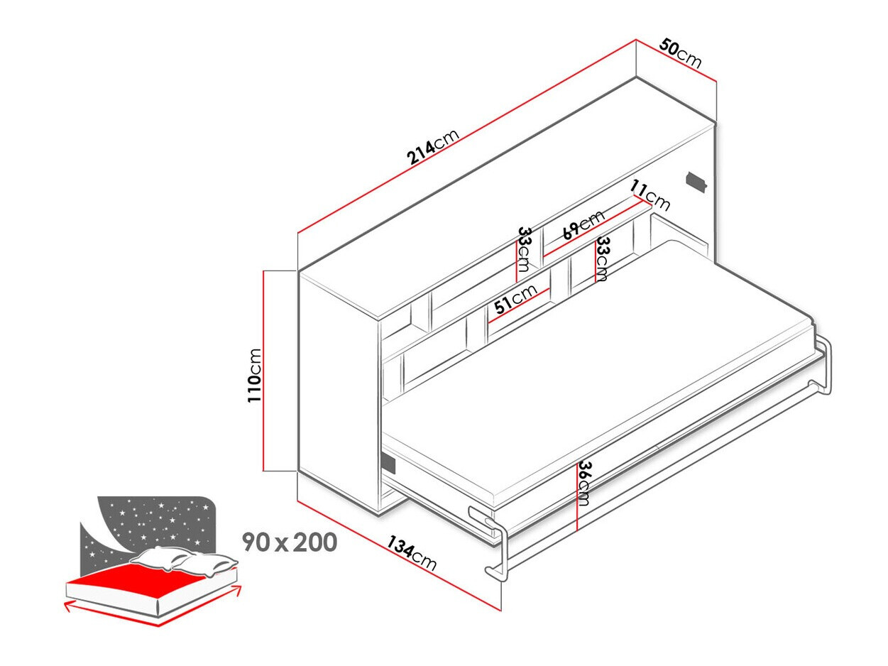 Wall bed Mirelbu 114 (Artisan oak + White + Grey)