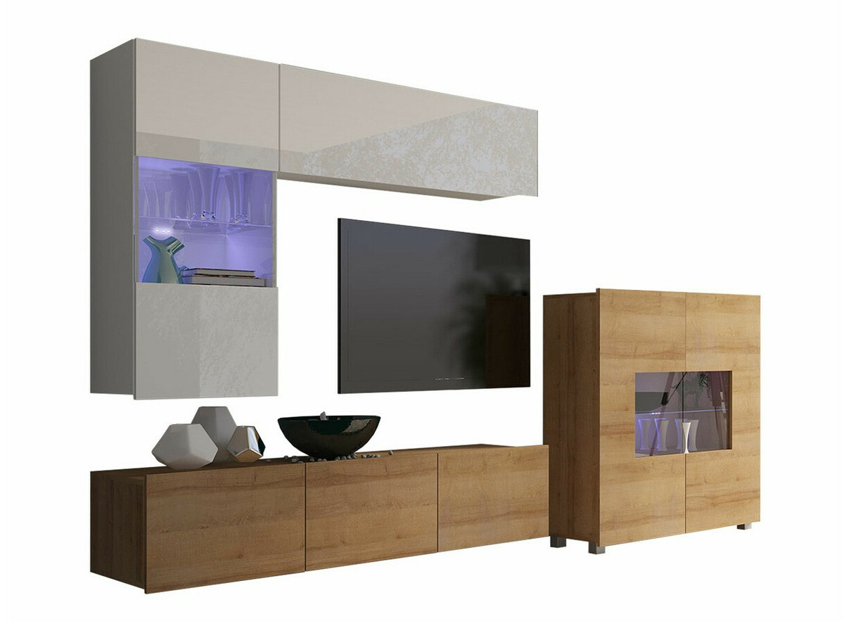 Σετ επίπλων σαλονιού Remus III (Χρυσή βελανιδιά + Άσπρο + Γυαλιστερό λευκό)