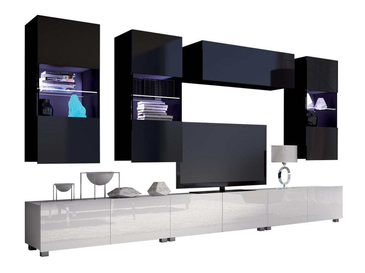 Σετ επίπλων σαλονιού Remus XI (Άσπρο + Γυαλιστερό λευκό + Μαύρο + Γυαλιστερό μαύρο)