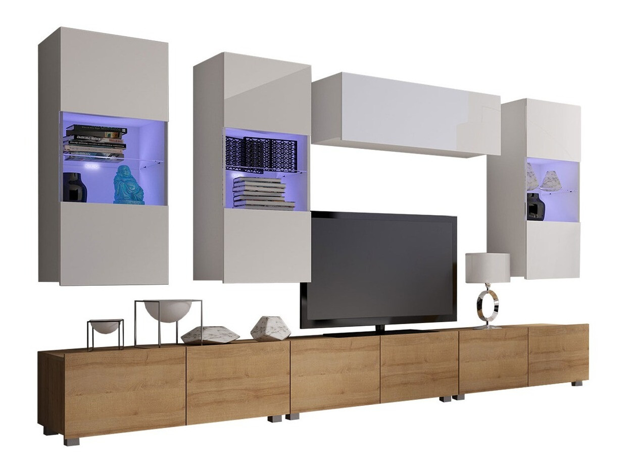 Σετ επίπλων σαλονιού Remus XI (Χρυσή βελανιδιά + Άσπρο + Γυαλιστερό λευκό)