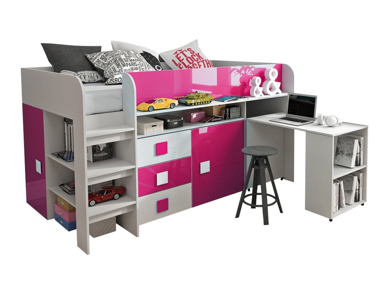Bed Hartford 190 (White + Glossy pink + Glossy white)