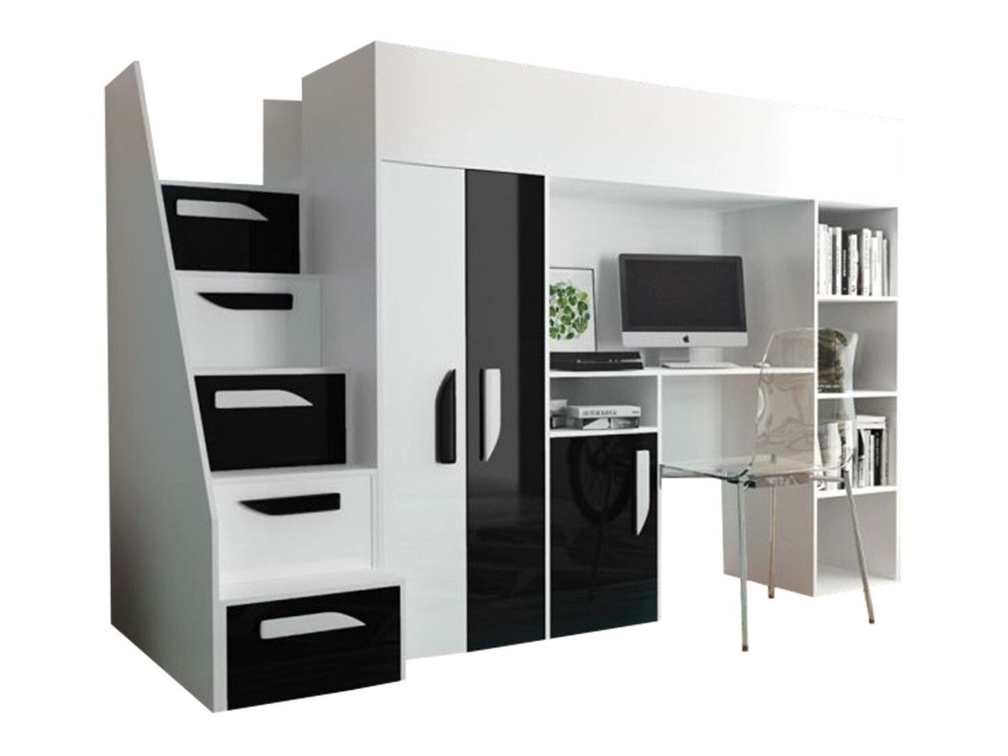 Loft bed Hartford 192 (White + Glossy black + Glossy white)
