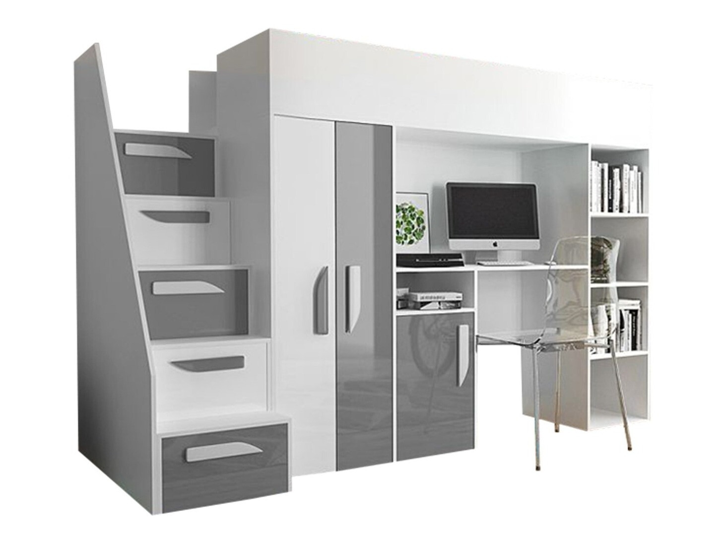 Loft bed Hartford 192 (White + Glossy grey + Glossy white)