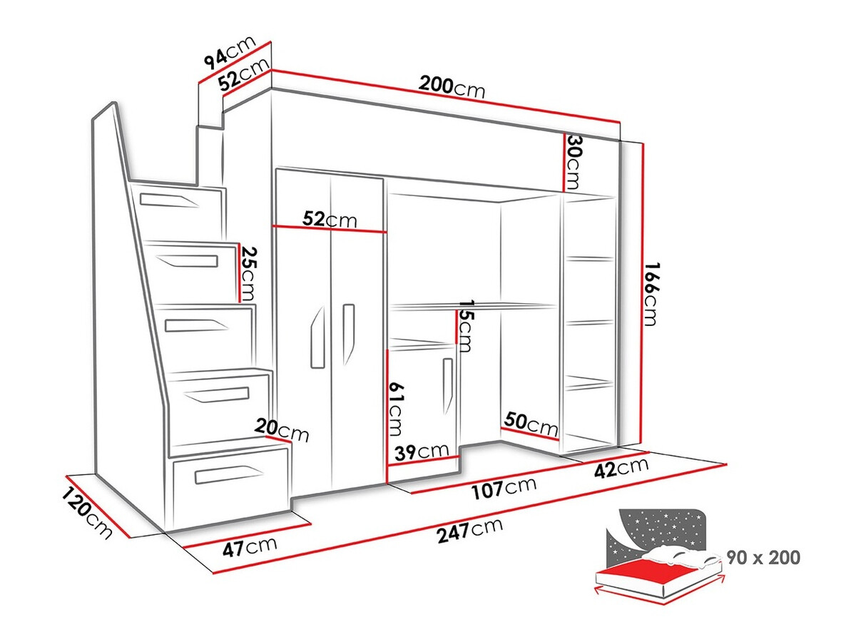 Loft bed Hartford 192 (White + Glossy pink + Glossy white)