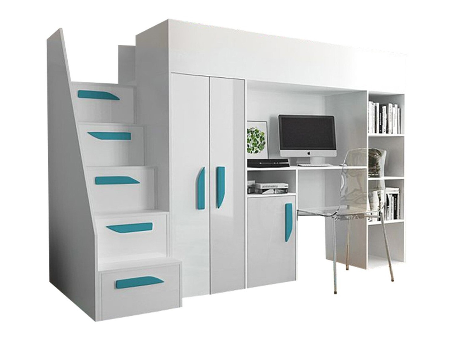 Loft bed Hartford 192 (White + Glossy white + Glossy Turquoise)