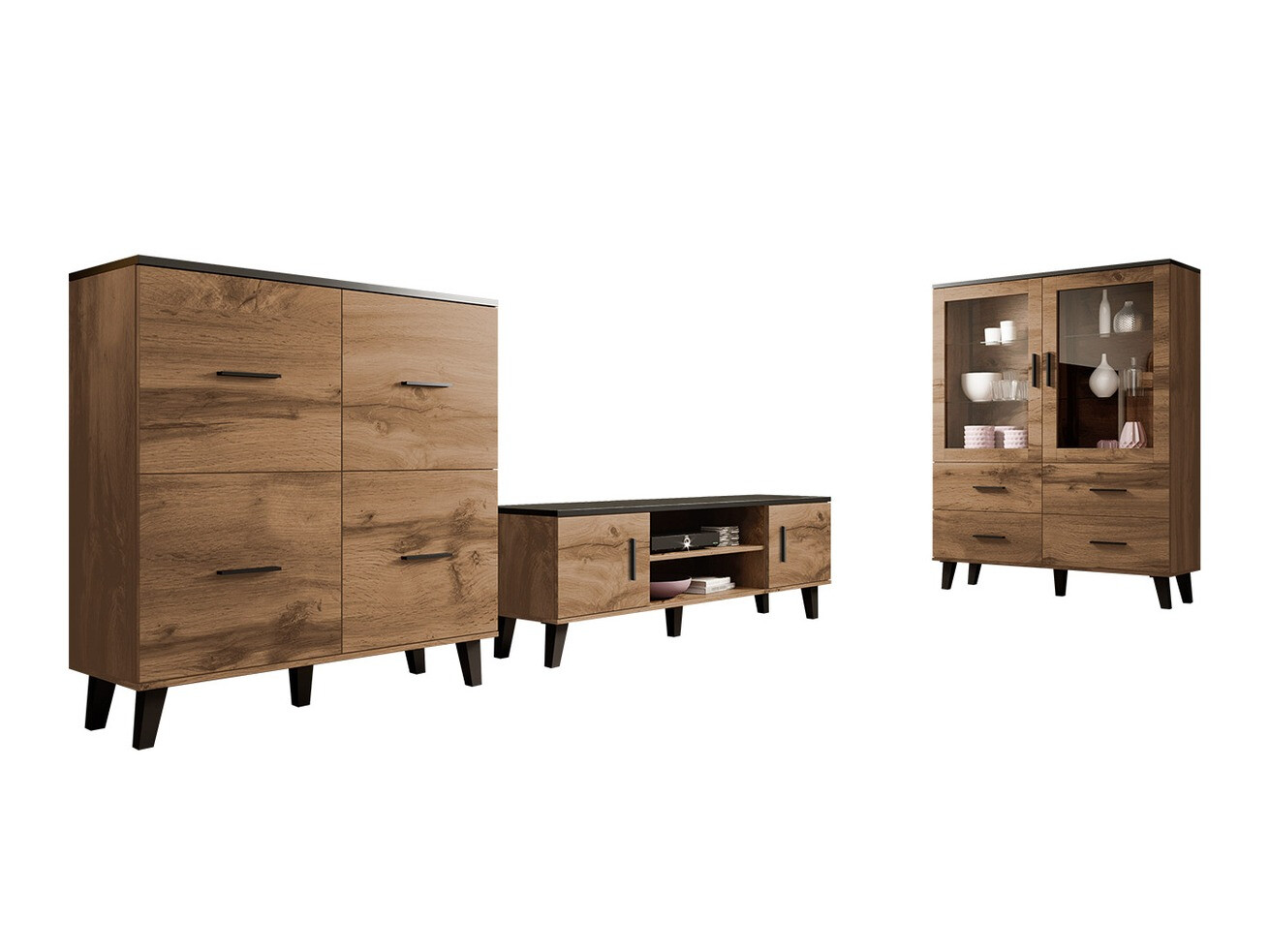 Σετ επίπλων σαλονιού Larfloi 113 (Δρυς wotan + Μαύρο)