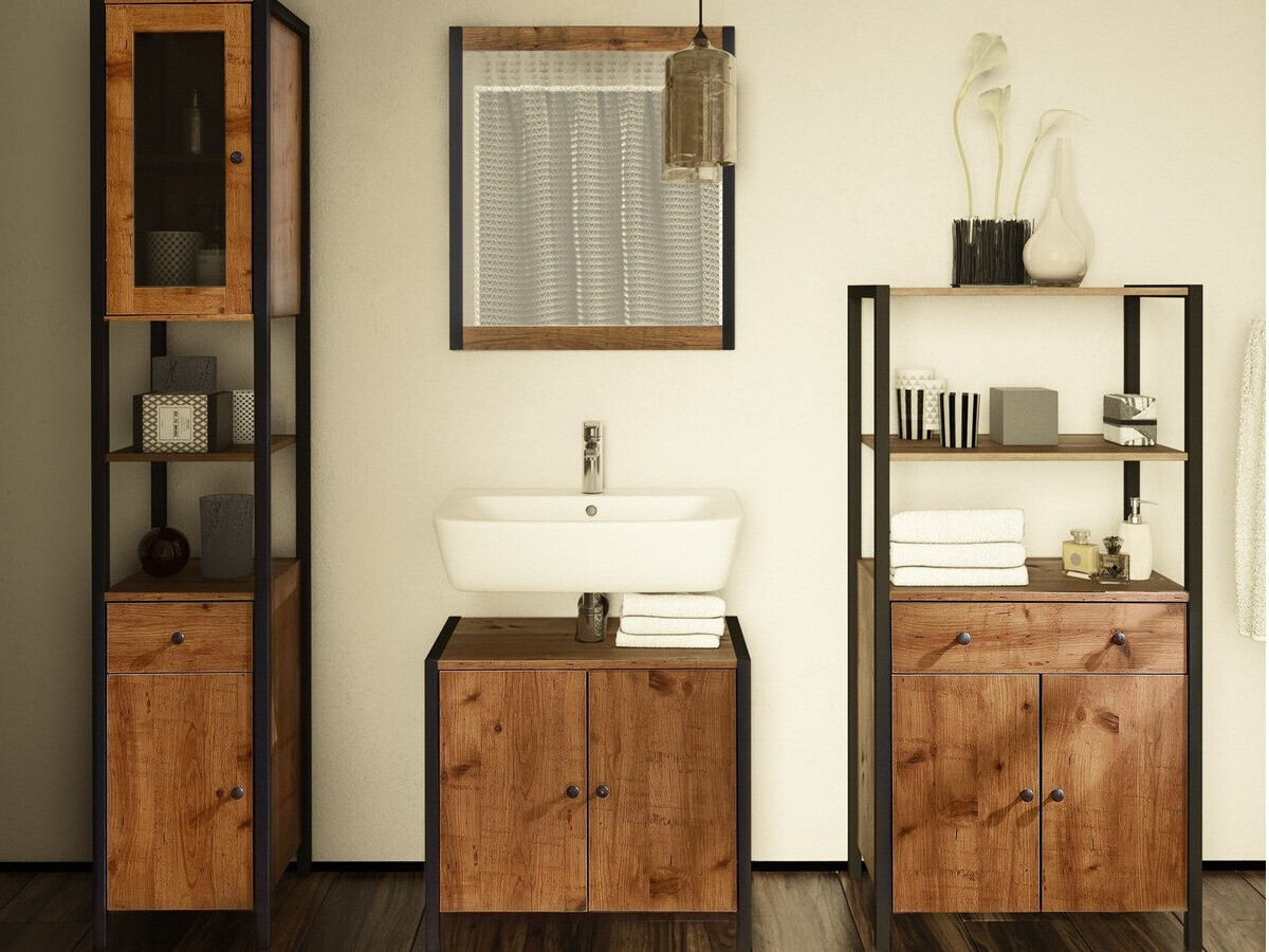 Standing bathroom cabinet Larnovo 110 (Dark oak + Black)