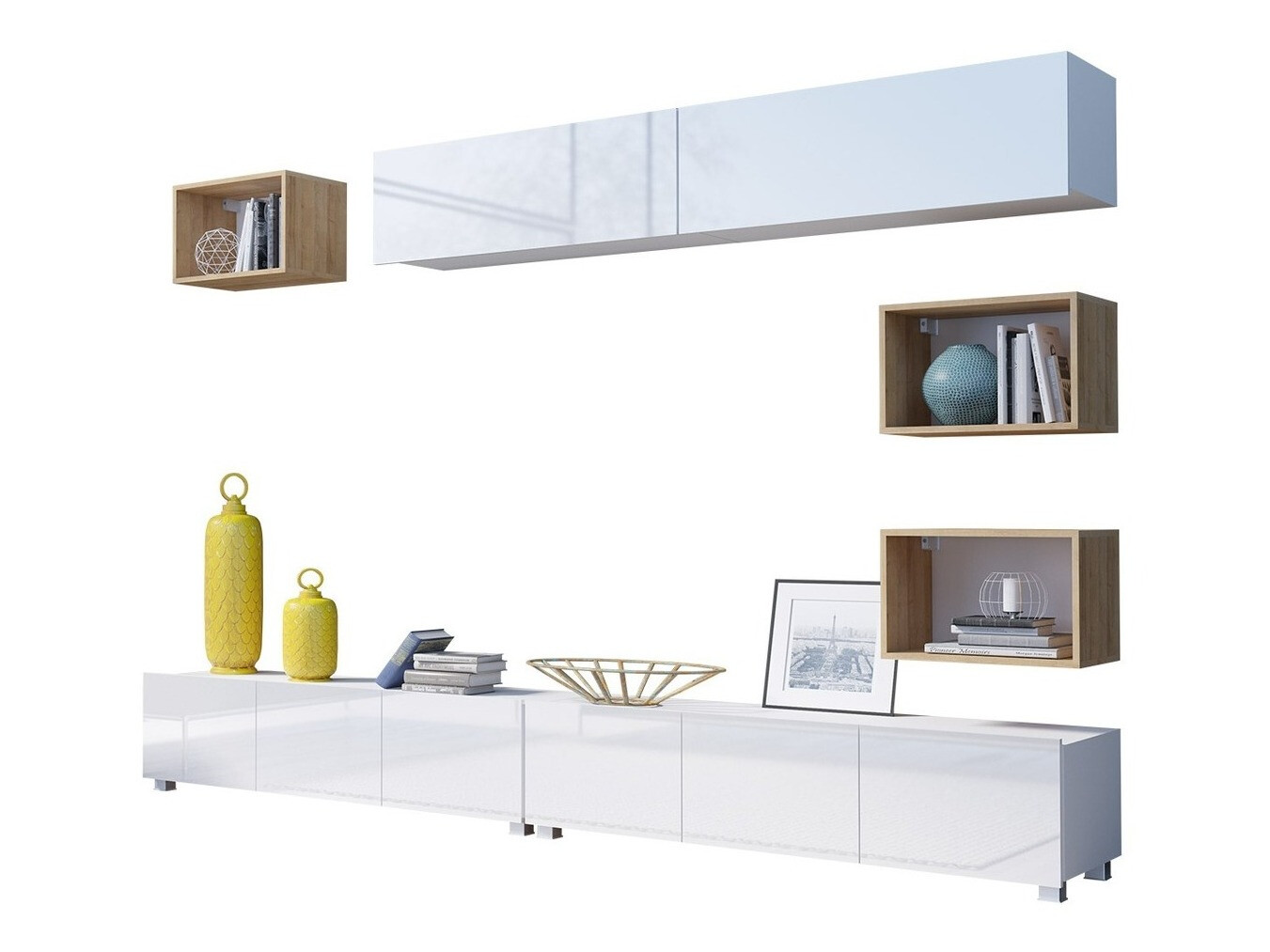 Σετ επίπλων σαλονιού Remus XXXI (Άσπρο + Γυαλιστερό λευκό + Χρυσή βελανιδιά)