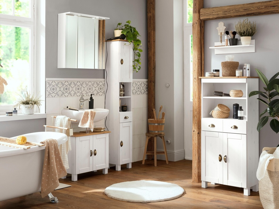 Όρθιο ντουλάπι μπάνιου Serelbu 105 (Άσπρο + Ανοιχτό καφέ)