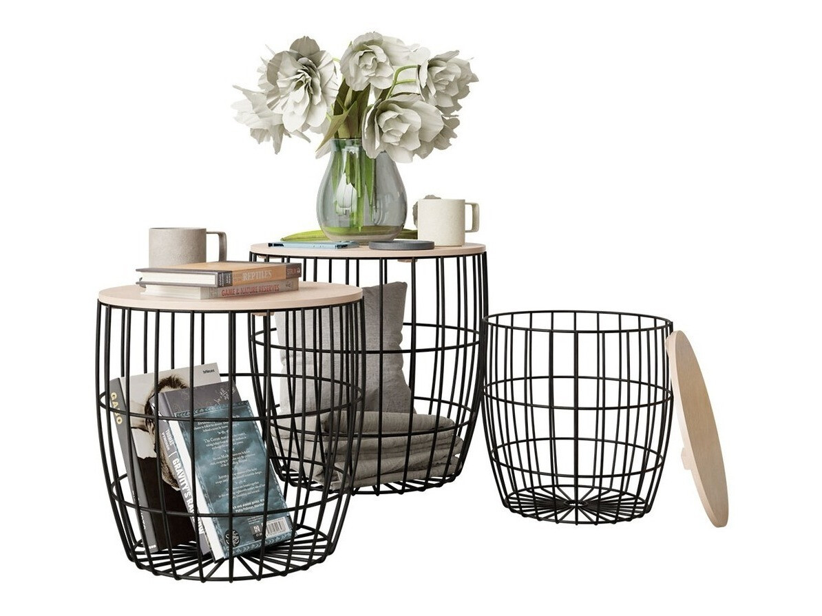 Σετ βοηθητικών τραπεζιών Aedifis (Μαύρο + Ανοιχτό χρώμα ξύλου)