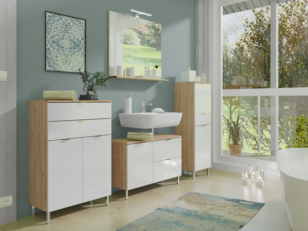 Όρθιο ντουλάπι μπάνιου Lomcamo 102 (Γυαλιστερό λευκό + Grandson δρυς)