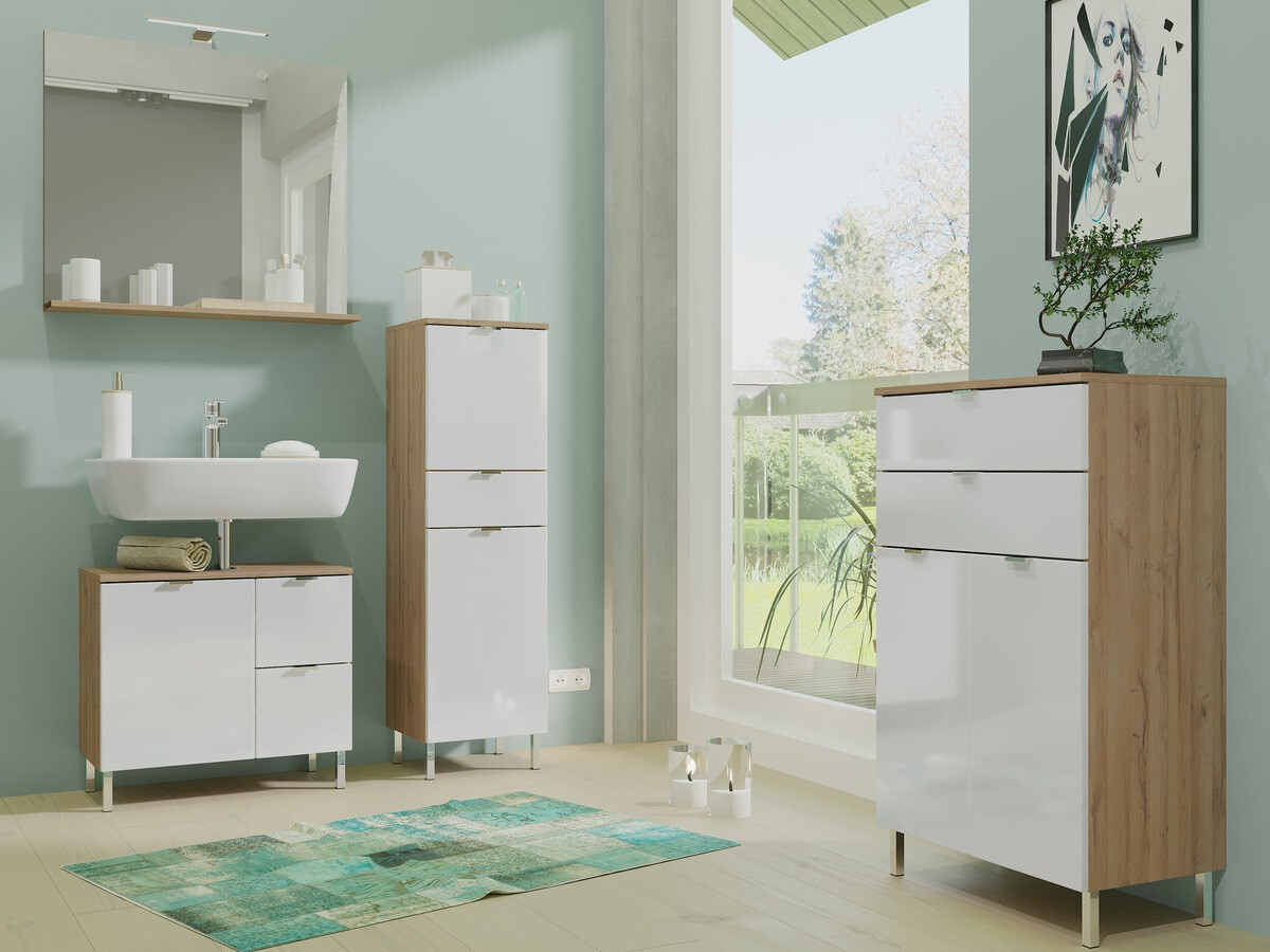 Όρθιο ντουλάπι μπάνιου Lomcamo 102 (Γυαλιστερό λευκό + Grandson δρυς)