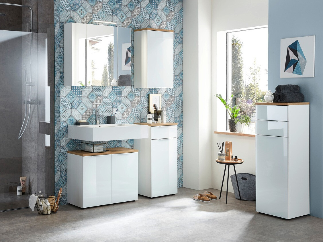 Όρθιο ντουλάπι μπάνιου Levciro 101 (Γυαλιστερό λευκό + Navarra δρυς)