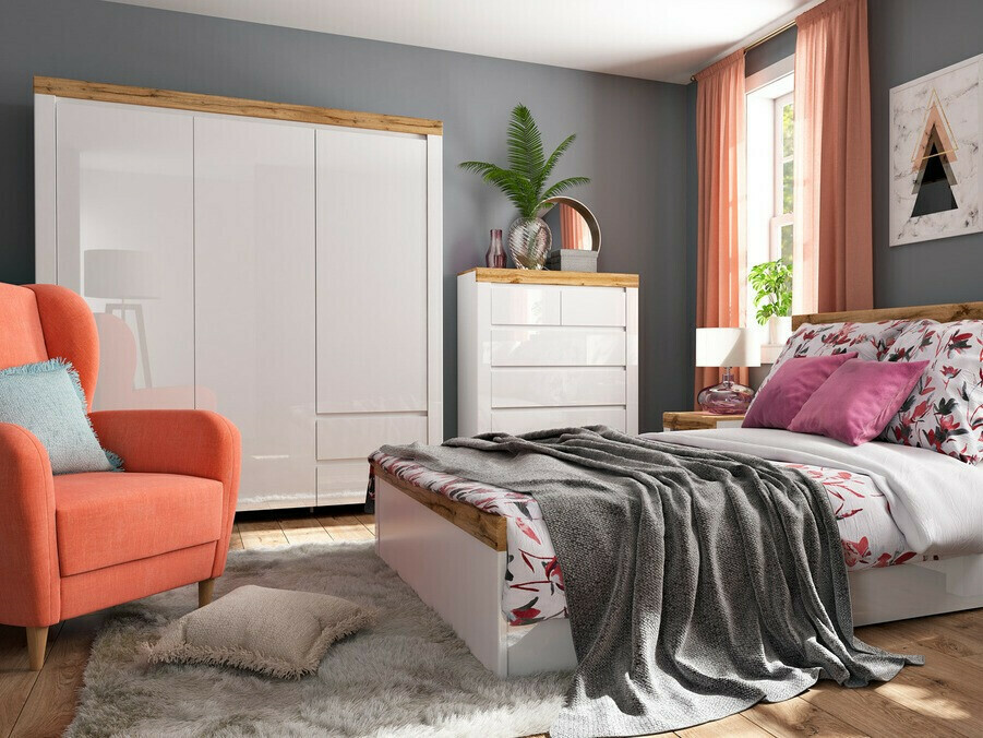 Wardrobe Sonsoru 120 (White + Glossy white + Wotan Oak)