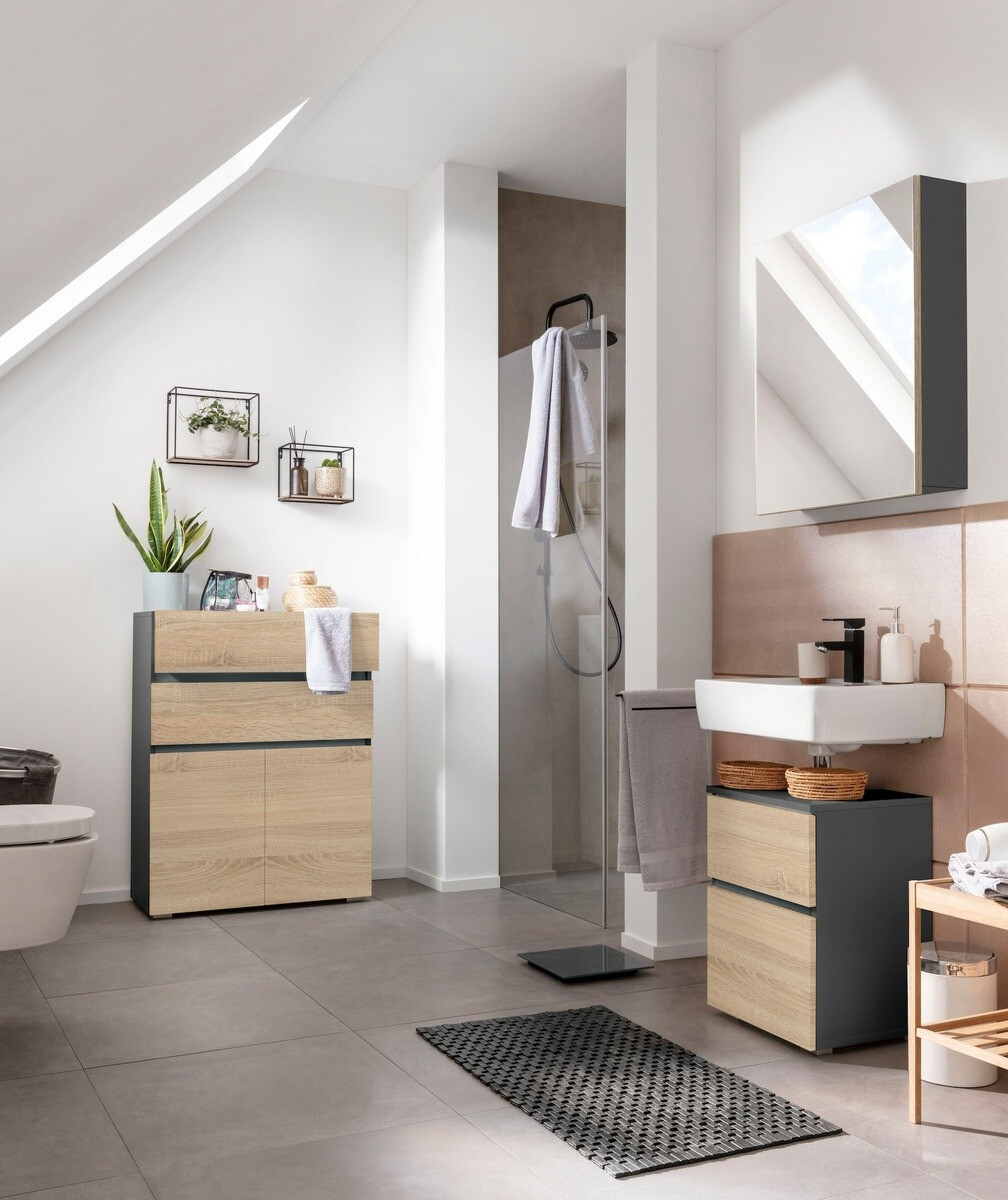 Όρθιο ντουλάπι νιπτήρα μπάνιου Soncamu 103 (Ανθρακί + Δρυς)