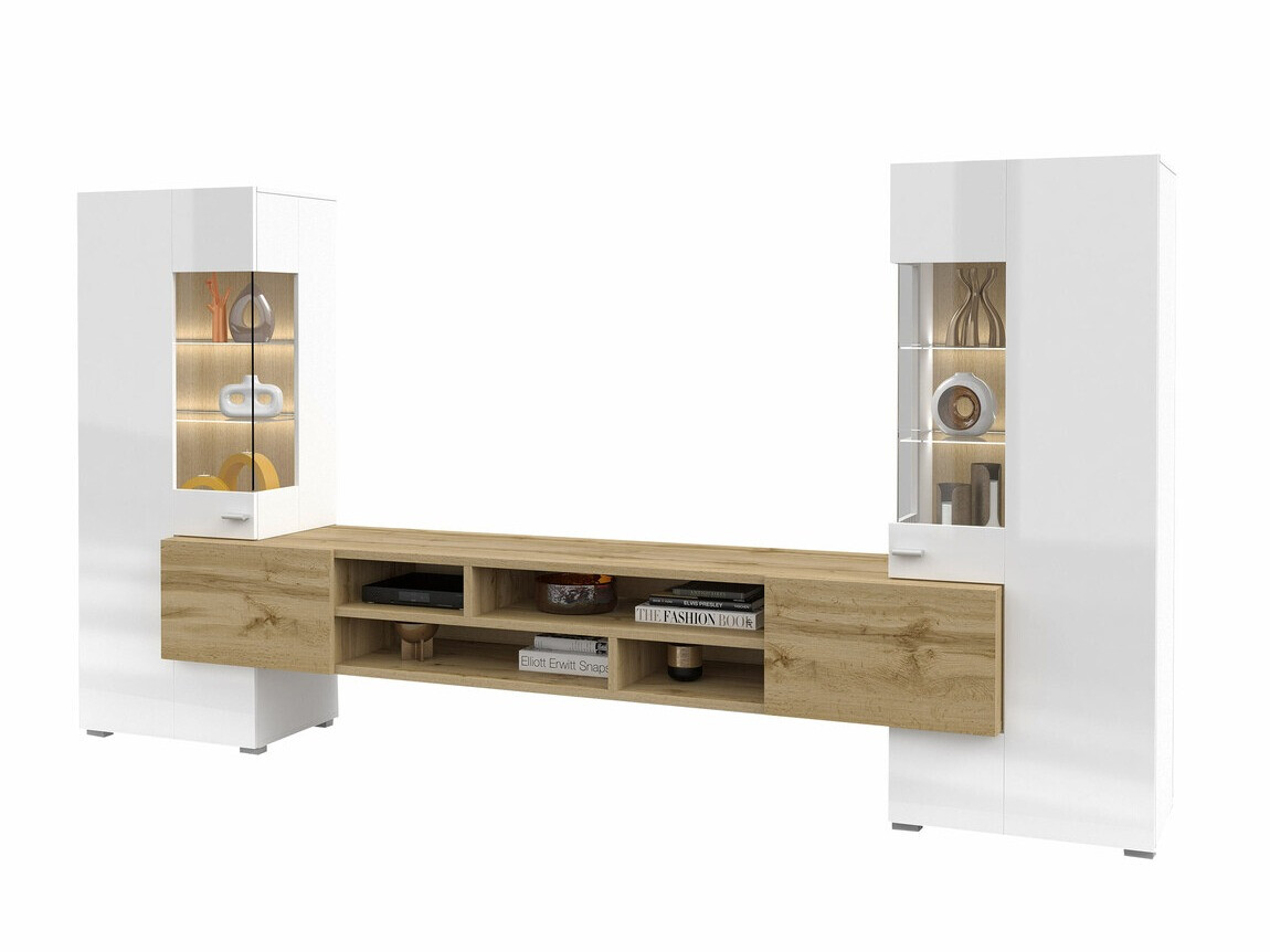 Σετ επίπλων σαλονιού Mondalo 101 (Δρυς wotan + Γυαλιστερό λευκό)