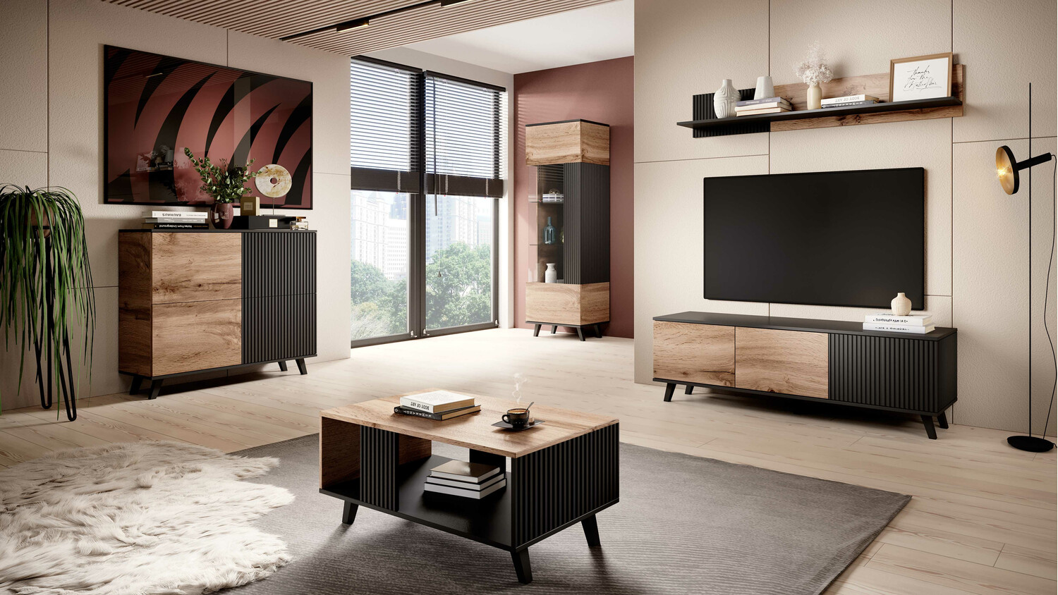Wall shelf Luelia 117 (Black + Wotan Oak)