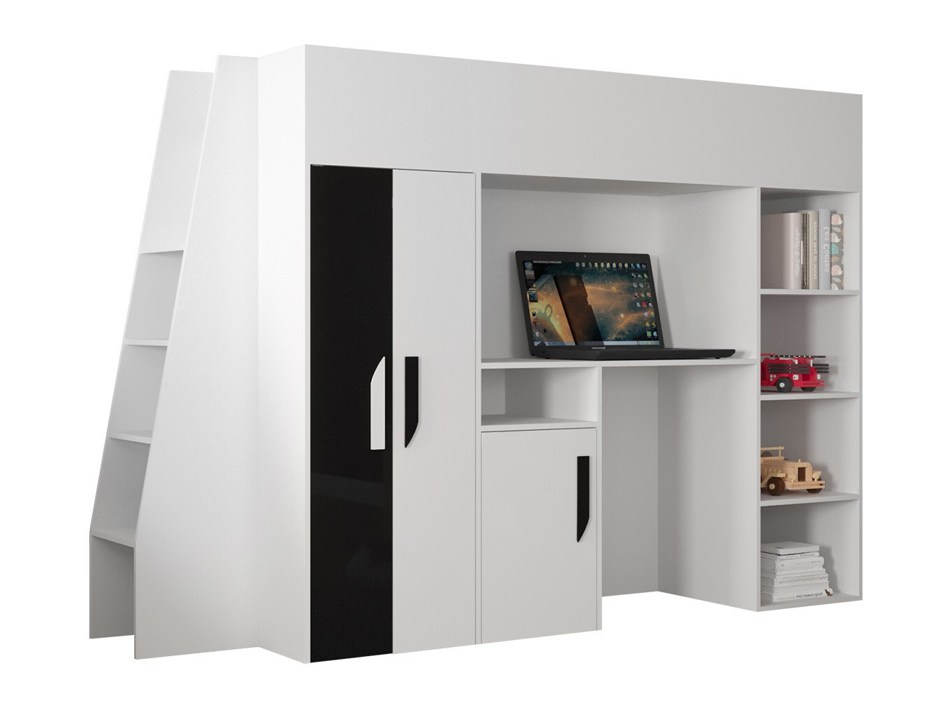 Loft bed Hartford 355 (White + Glossy black + Glossy white)
