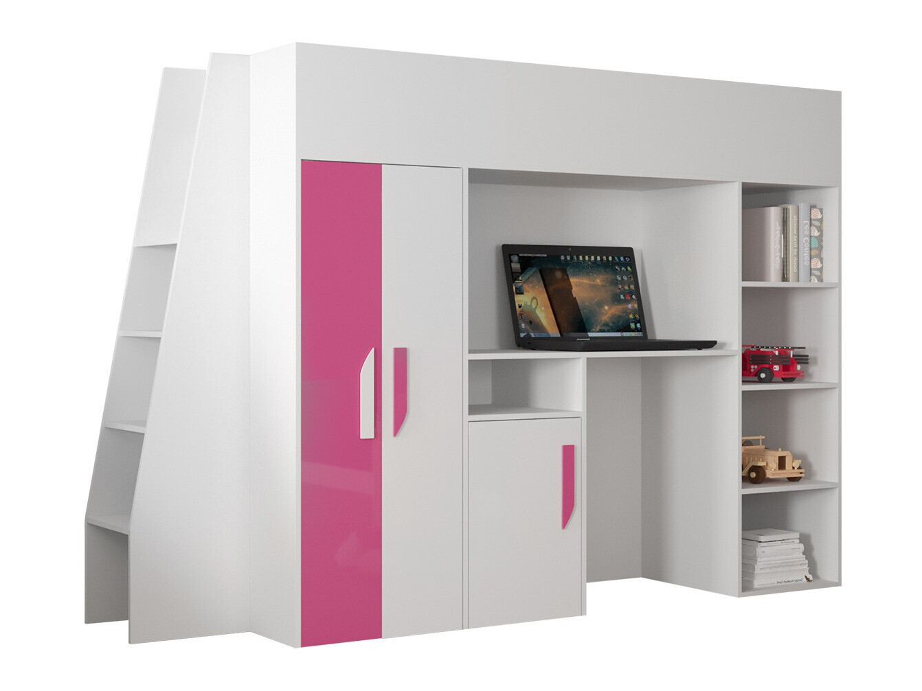 Loft bed Hartford 355 (White + Glossy pink + Glossy white)