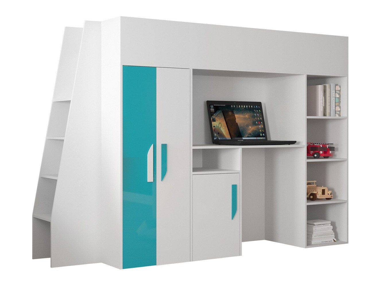 Loft bed Hartford 355 (White + Glossy Turquoise + Glossy white)