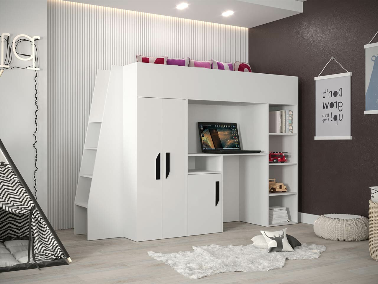 Loft bed Hartford 355 (White + Glossy white + Black)
