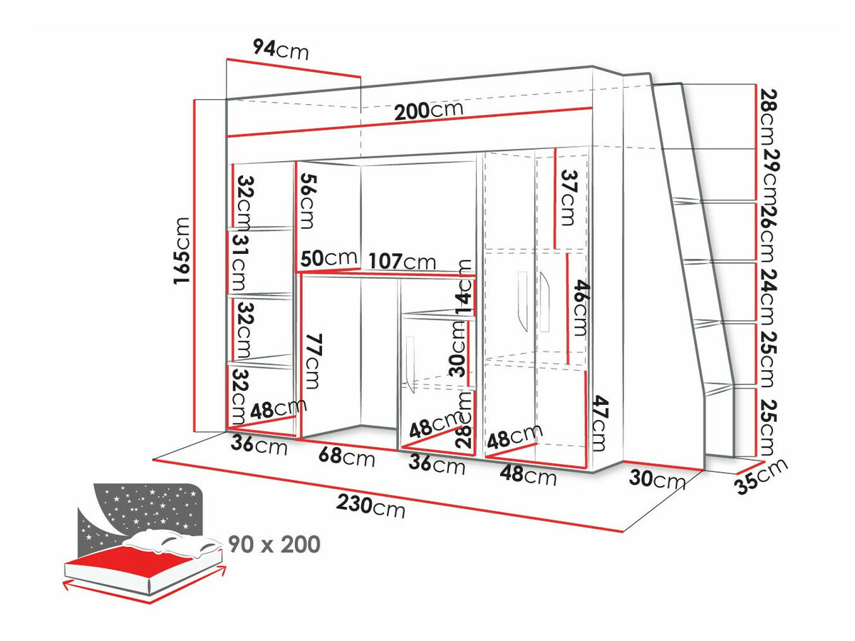 Loft bed Hartford 355 (White + Glossy white + Black)