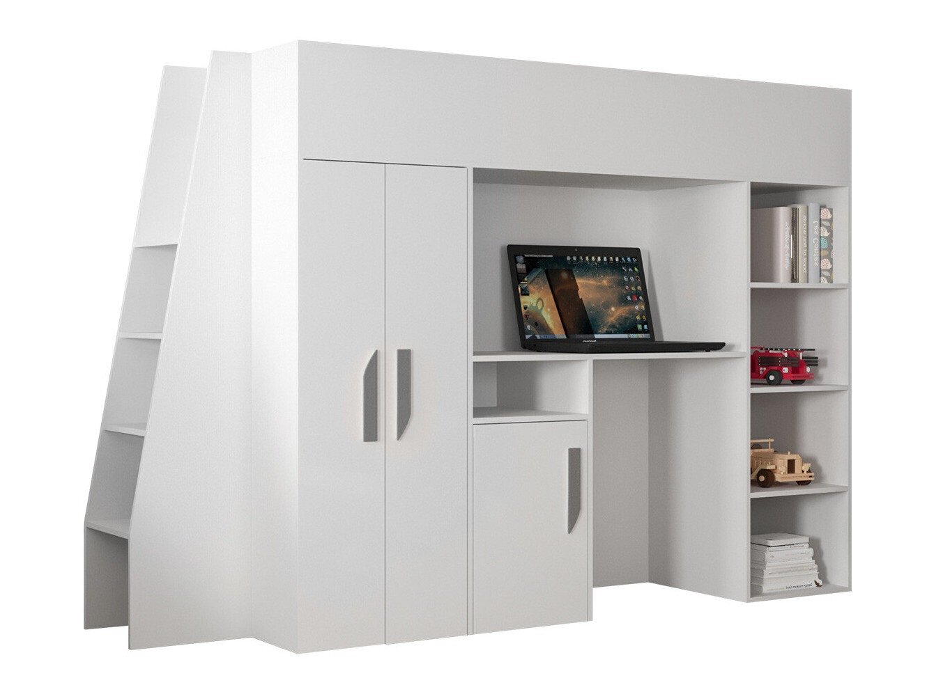 Loft bed Hartford 355 (White + Glossy white + Grey)