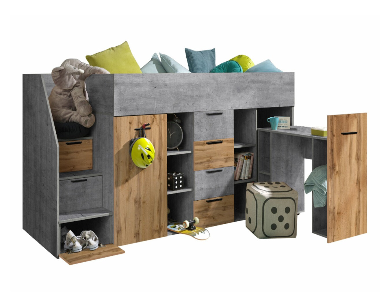 Loft bed Hartford 364 (Concrete + Wotan Oak)