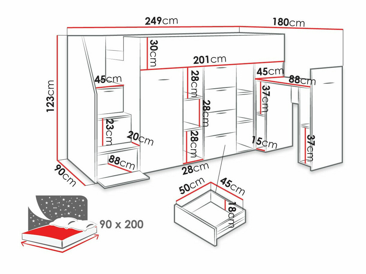 Loft bed Hartford 364 (Concrete + Wotan Oak)