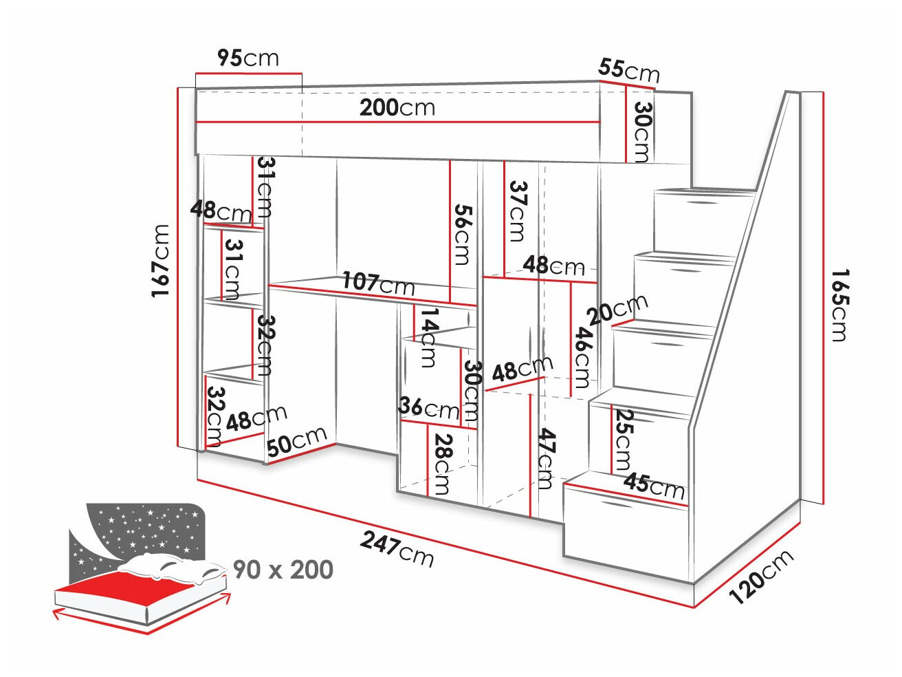 Loft bed Hartford 365 (Concrete + Black)