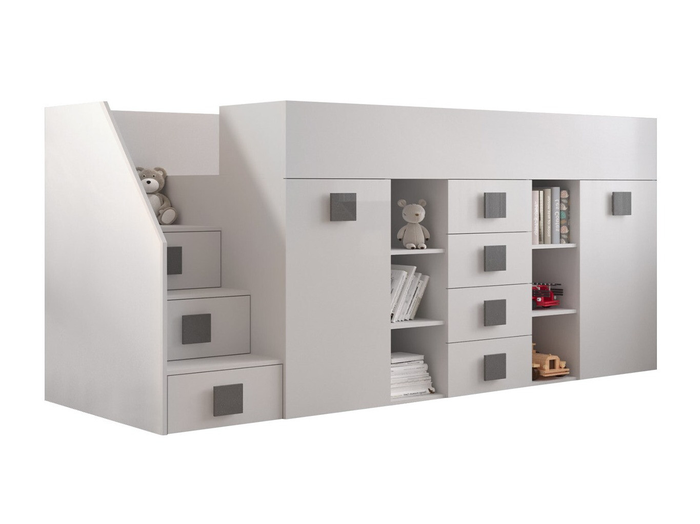 Loft bed Hartford 366 (White + Glossy white + Grey)