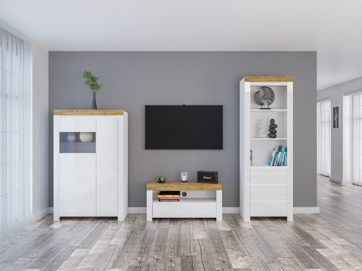 Living room set Sonsoru 146 (White + Glossy white + Wotan Oak)