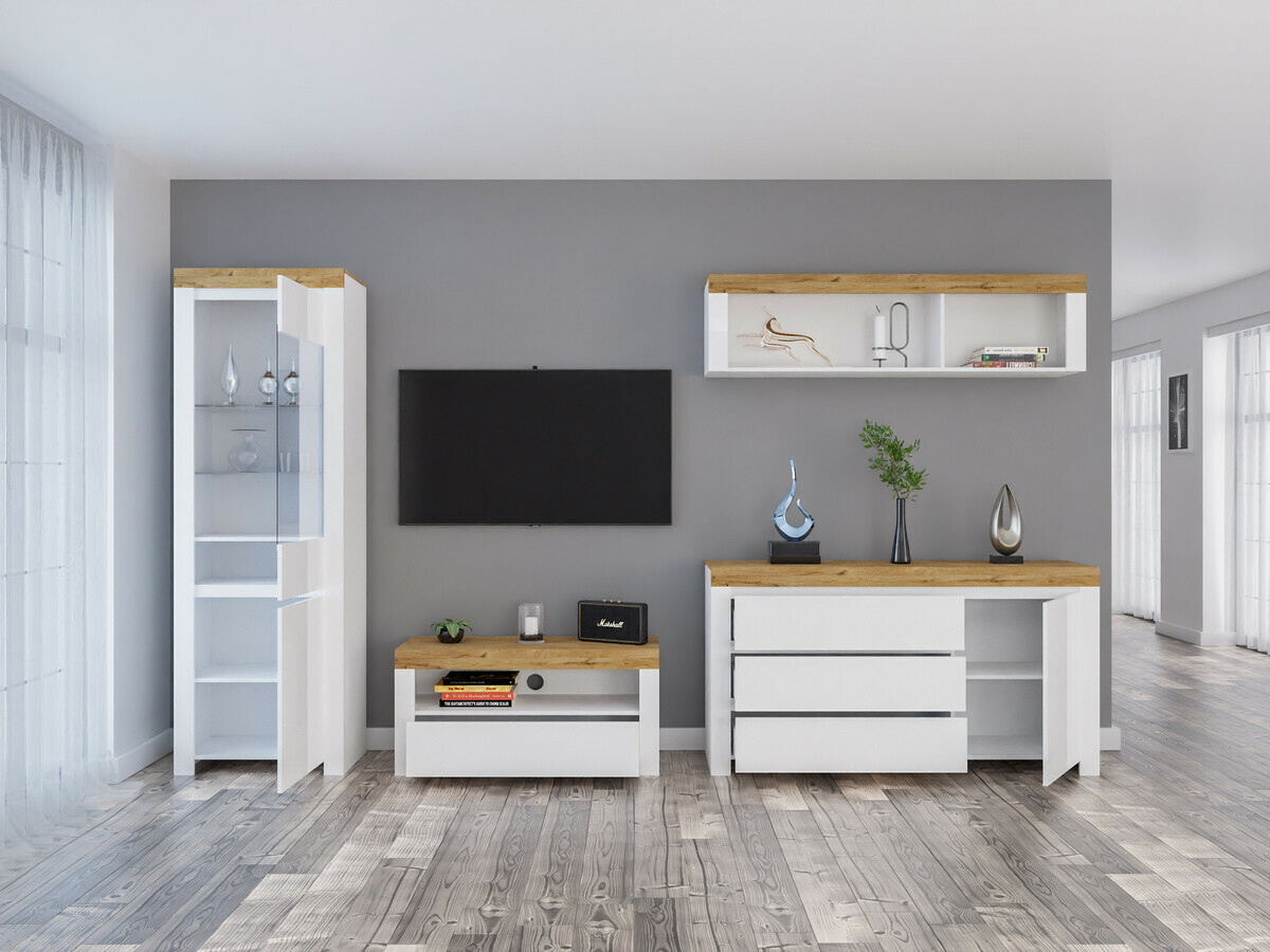 Σετ επίπλων σαλονιού Sonsoru 144 (Άσπρο + Γυαλιστερό λευκό + Δρυς wotan)