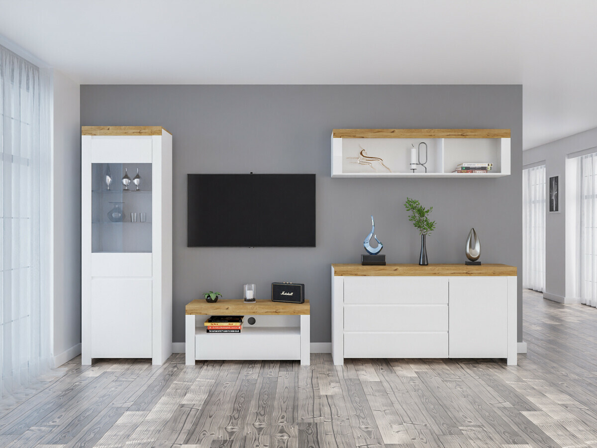 Σετ επίπλων σαλονιού Sonsoru 144 (Άσπρο + Γυαλιστερό λευκό + Δρυς wotan)