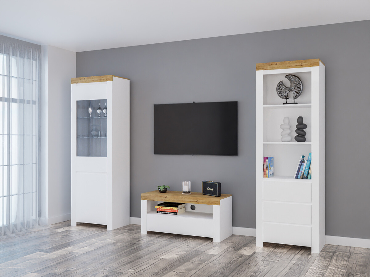 Σετ επίπλων σαλονιού Sonsoru 145 (Άσπρο + Γυαλιστερό λευκό + Δρυς wotan)