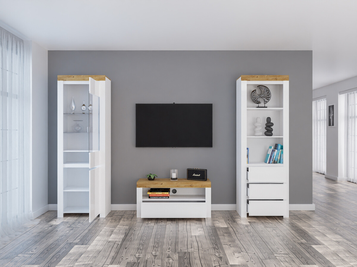 Σετ επίπλων σαλονιού Sonsoru 145 (Άσπρο + Γυαλιστερό λευκό + Δρυς wotan)