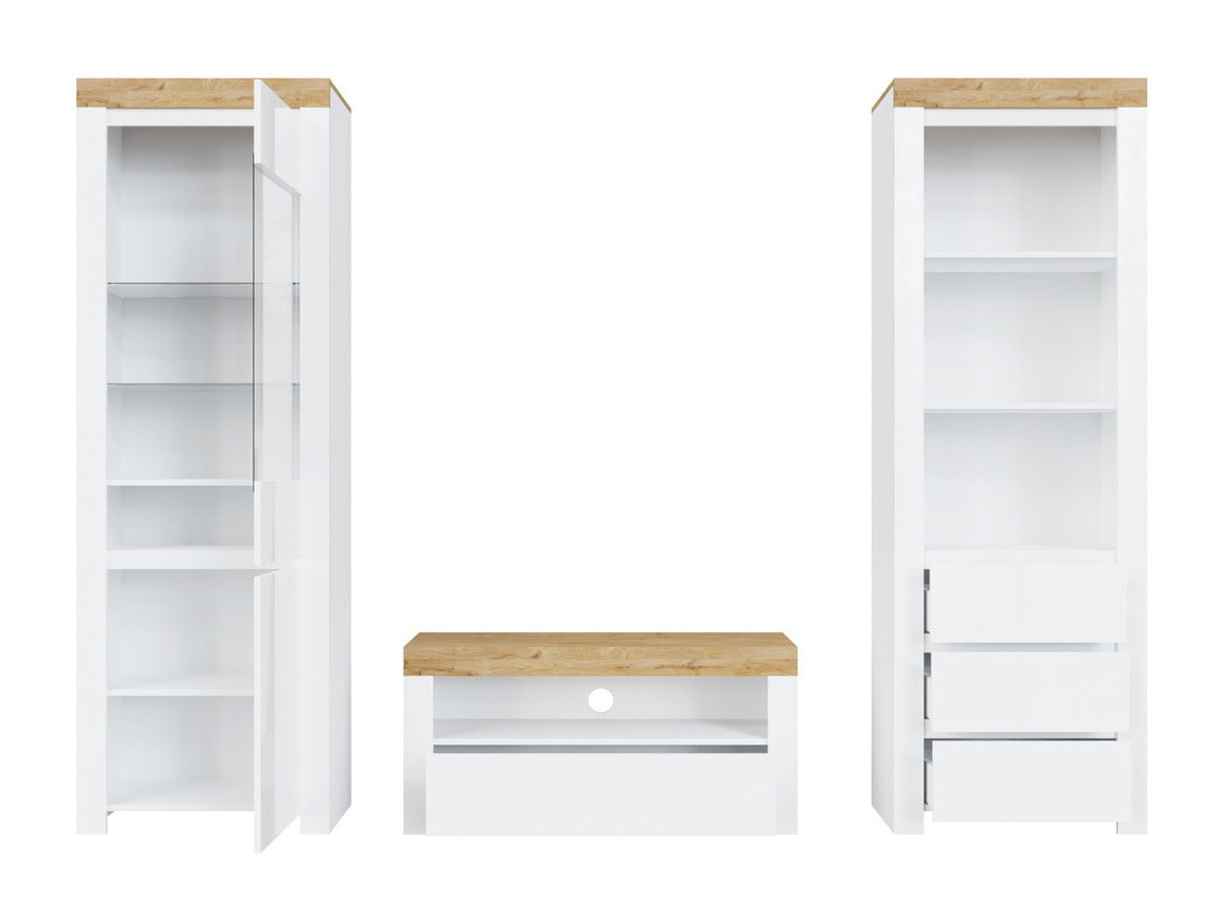 Σετ επίπλων σαλονιού Sonsoru 145 (Άσπρο + Γυαλιστερό λευκό + Δρυς wotan)