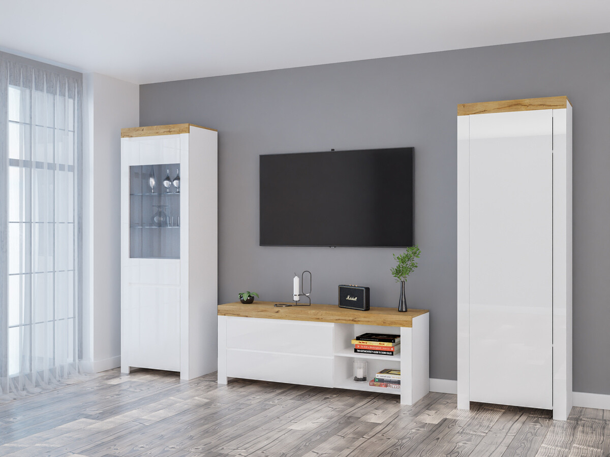 Σετ επίπλων σαλονιού Sonsoru 148 (Άσπρο + Γυαλιστερό λευκό + Δρυς wotan)