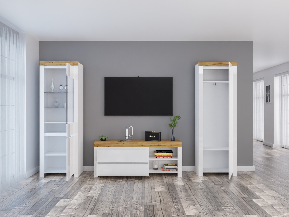 Σετ επίπλων σαλονιού Sonsoru 148 (Άσπρο + Γυαλιστερό λευκό + Δρυς wotan)