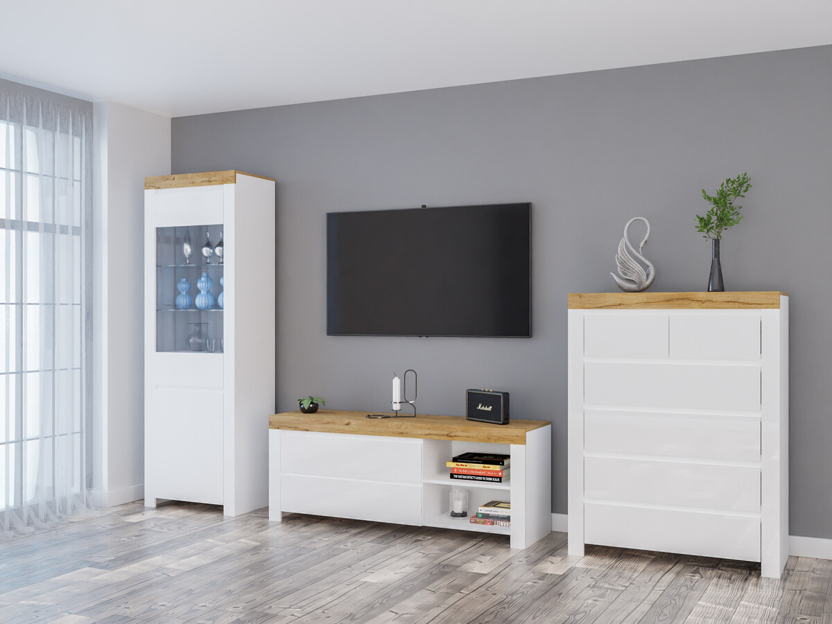 Σετ επίπλων σαλονιού Sonsoru 149 (Άσπρο + Γυαλιστερό λευκό + Δρυς wotan)