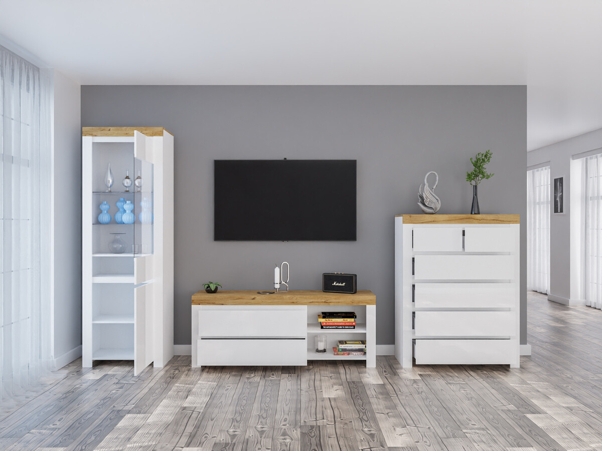 Σετ επίπλων σαλονιού Sonsoru 149 (Άσπρο + Γυαλιστερό λευκό + Δρυς wotan)