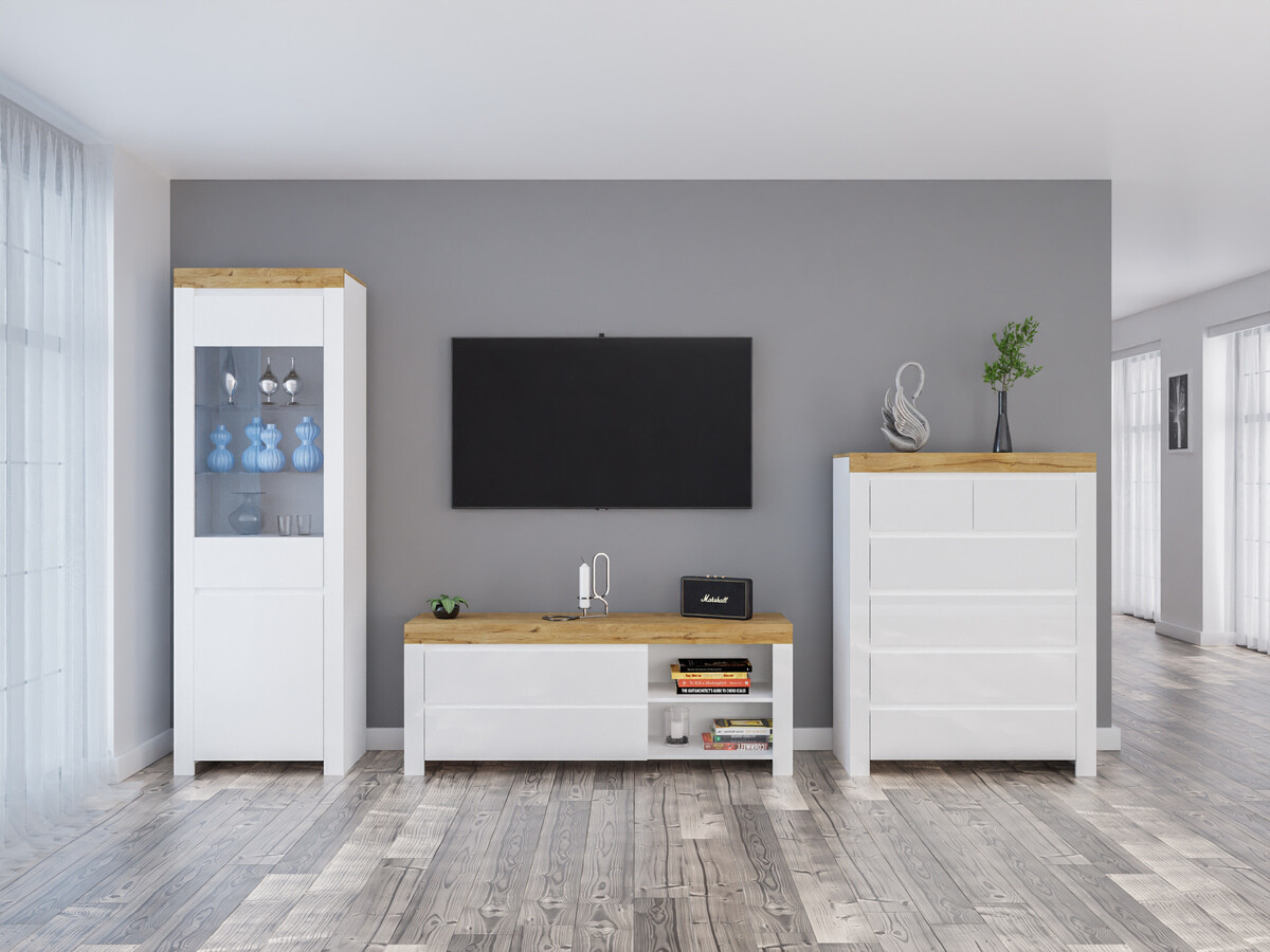 Σετ επίπλων σαλονιού Sonsoru 149 (Άσπρο + Γυαλιστερό λευκό + Δρυς wotan)